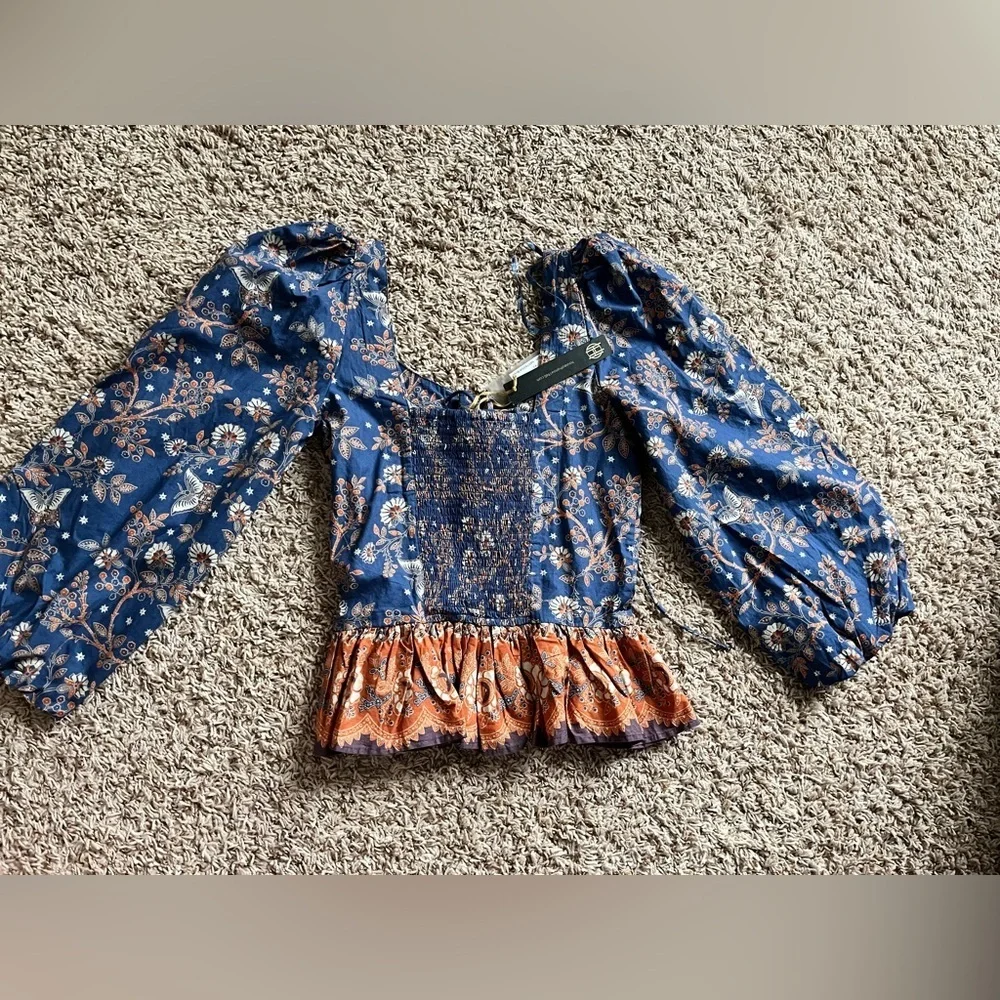 House of Harlow 1960 Nastassia blue and orange floral billowy puff sleeve - Picture 11 of 16
